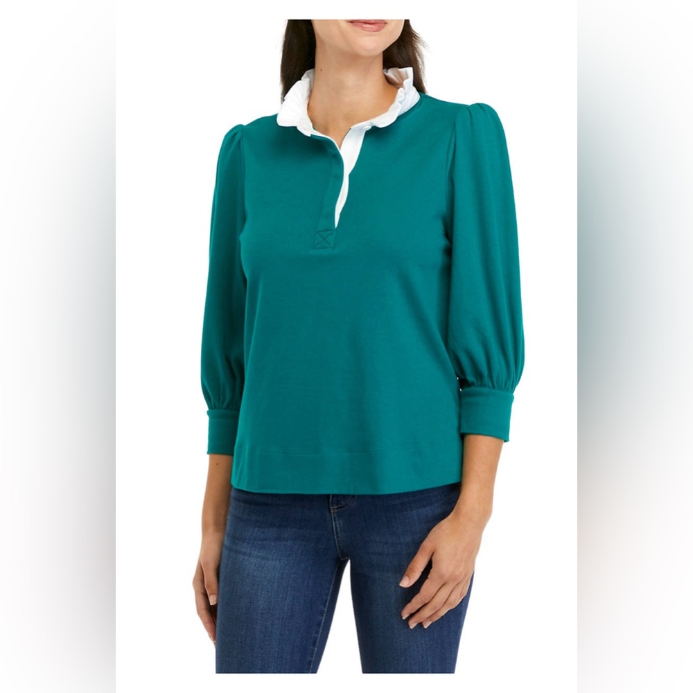 Green Top with White Ruffle Collar